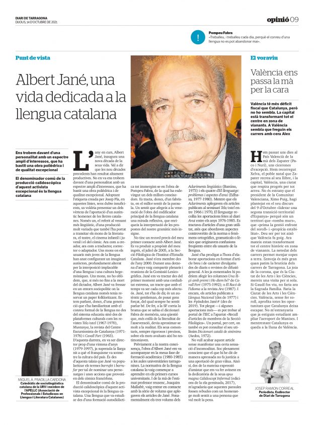 Article de Miquel Àngel Pradilla: «Albert Jané, una vida dedicada a la llengua catalana»