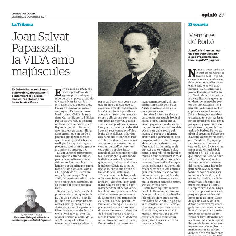 Article “Joan Salvat-Papasseit, la VIDA amb majúscules” de Jordi Martí Font